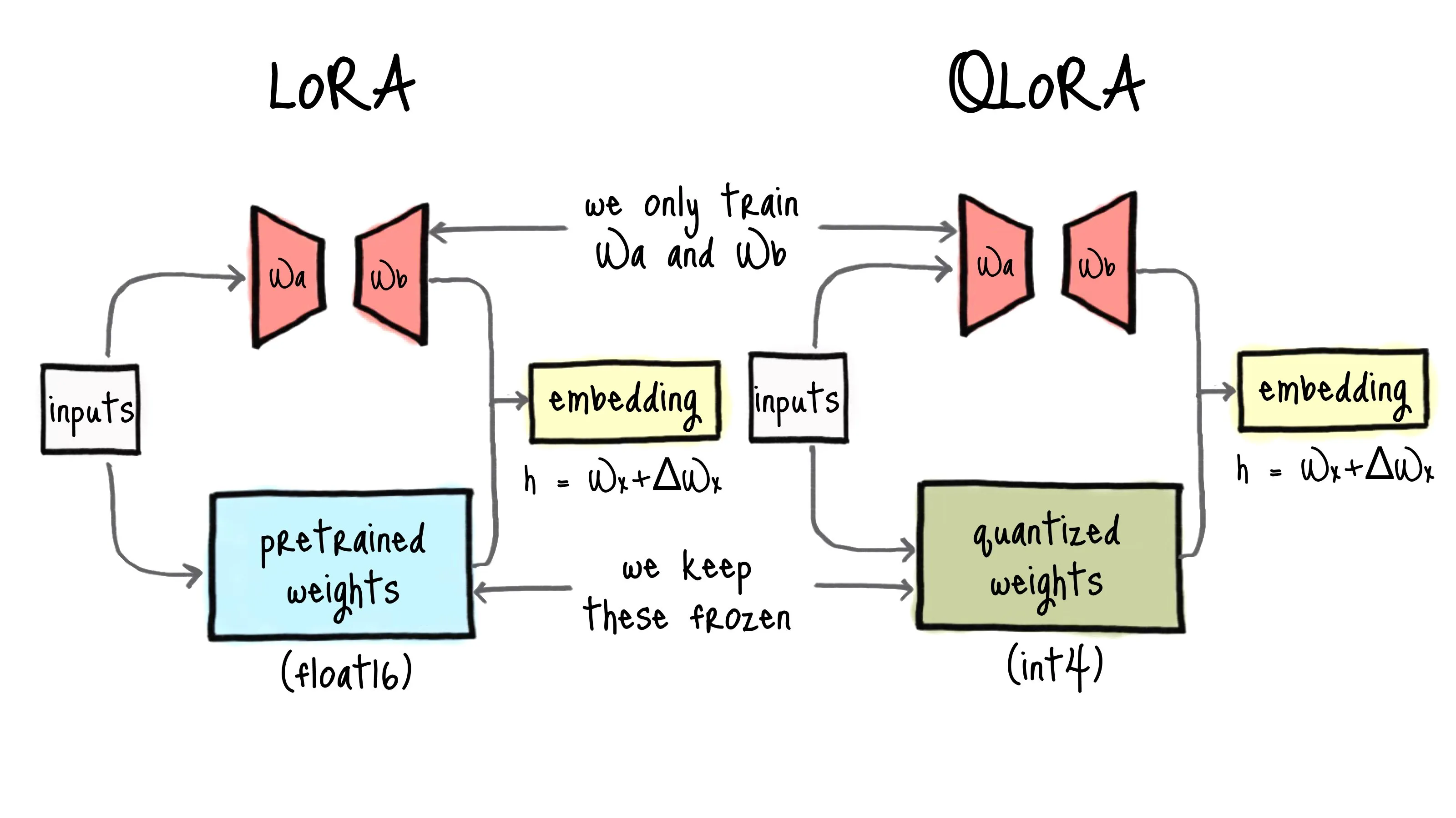 Where QLoRA quantizes weights compared to LoRA. Image from twitter.